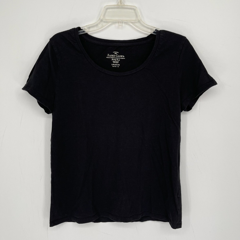 Faded Glory Women's Black Short Sleeve Scoop Neck Cotton T-Shirt Size L 12-14